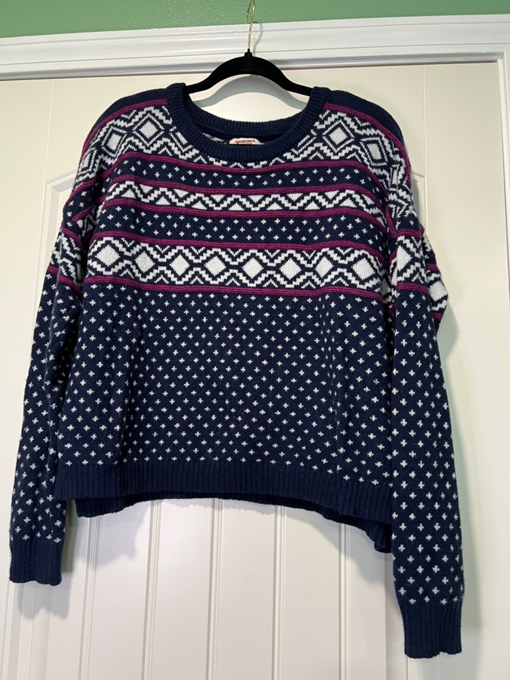 Arizona Jean Company Navy Fair Isle Knit Sweater with Pink and White Pattern